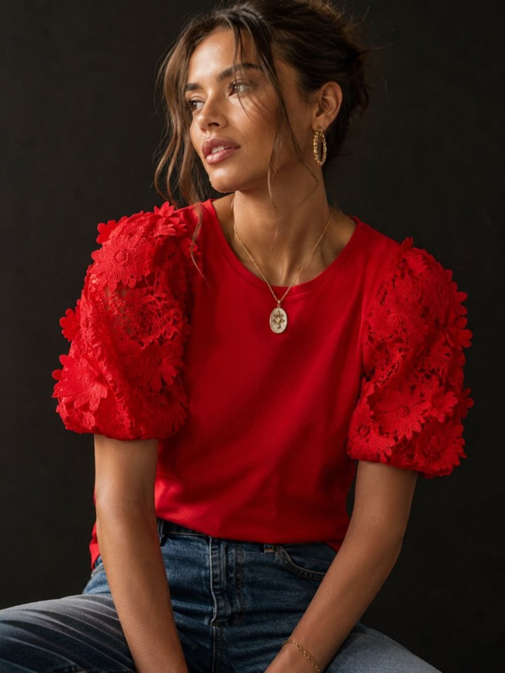 New Anthropologie Dolan 3D Floral Lace Puff Sleeve Ribbed Tee- Red